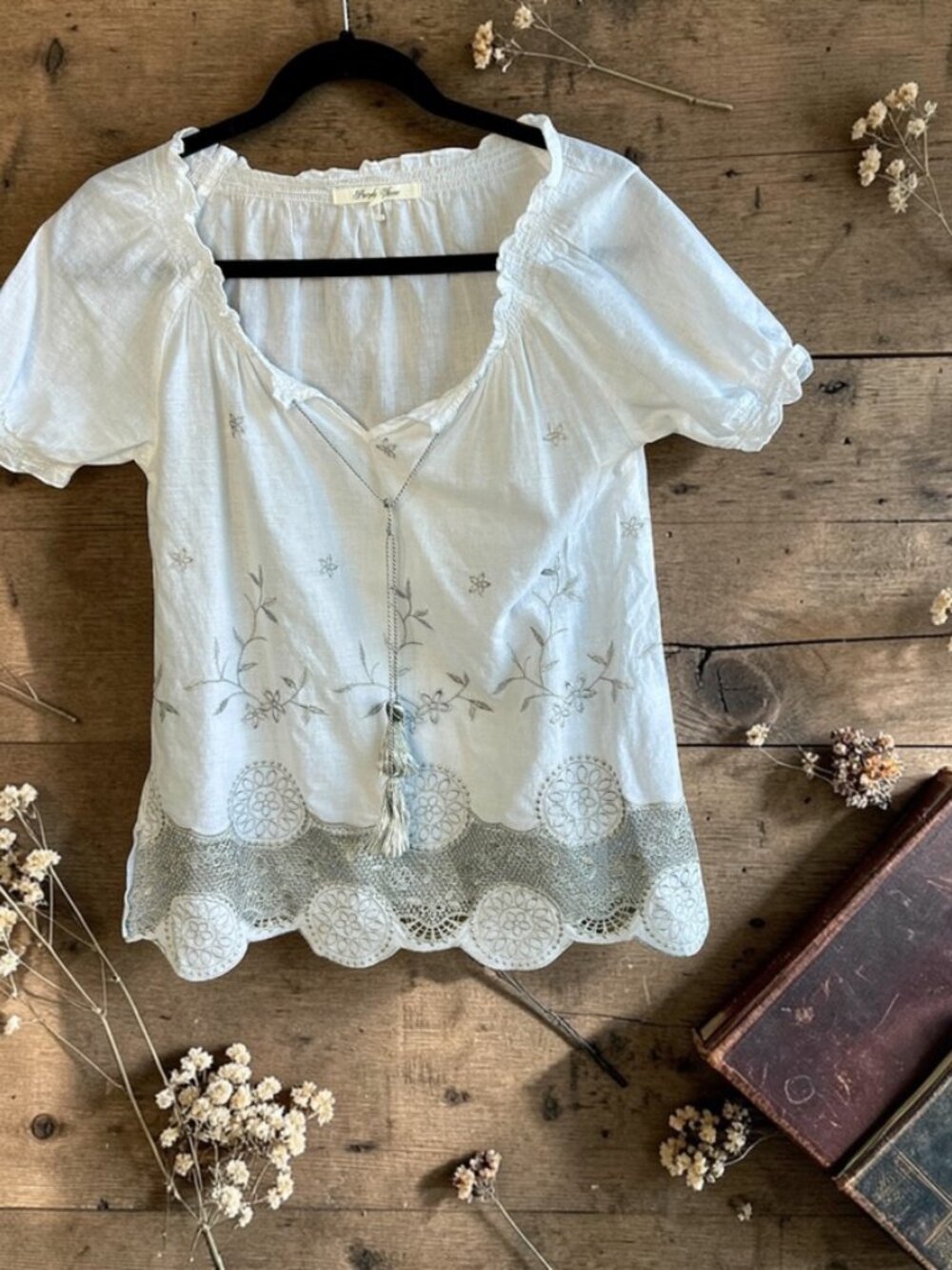 Purple Clover White Silver Embroidered Peasant Top